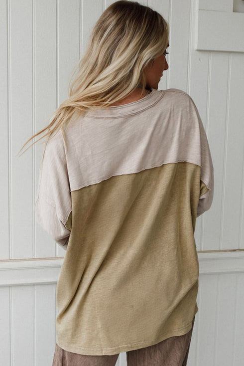 Mixed Daisy Applique Exposed Seam Oversized V Neck Top